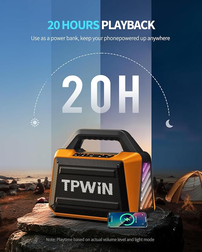 Bluetooth Speaker - 80W Loud Rugged Outdoor Speakers IPX6 Waterproof 20H Playtime Deep Bass Lightshow TWS BT 5.3 Wireless Portable for Travel Hiking Camping Beach Pool - Orange