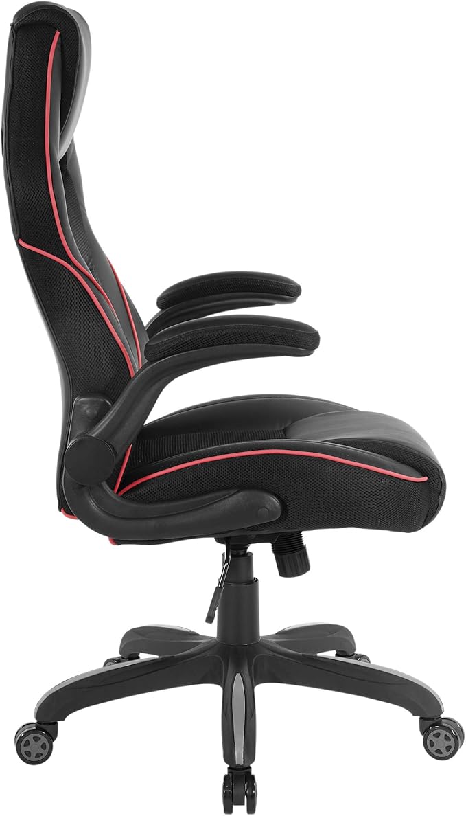 OSP Home Furnishings Xeno Ergonomic Adjustable Faux Leather Gaming Chair with Integrated Headrest and Airflow Cooling Material Black with Red Accents