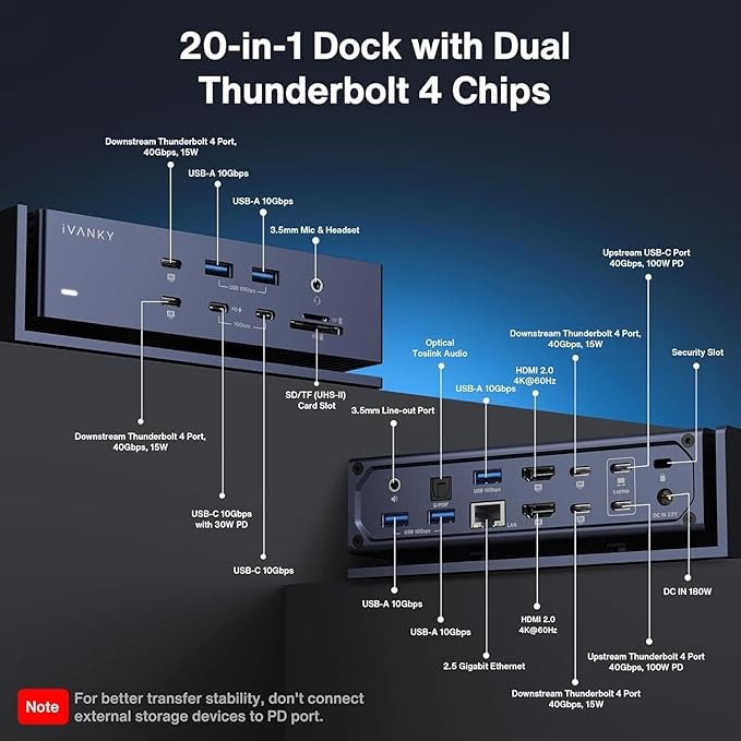 iVANKY FusionDock Max 1 20-in-2 Thunderbolt 4 Docking Station Only for M1-M5 Pro/Max MacBook Quad 6K or Dual 8K Display 40Gbps Dock with 4 Downstream Thunderbolt 4 Ports 100W 2.5G LAN SD 4.0