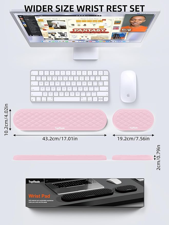 TopMade Upgraded Wider Wrist Rest Set Soft Memory Foam Keyboard Hand Rest Pad Computer Ergonomic Keyboard Mouse Wrist Support for Typing Pain Relief Comfort for Office Gaming Study Pink
