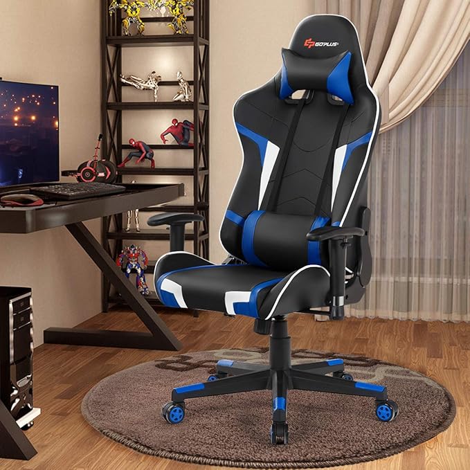 Goplus Gaming Chair - Racing Style High Back PU Leather Adjustable Arms &amp Headrest Ergonomic Reclining Game Chair with Rolling Swivel Base