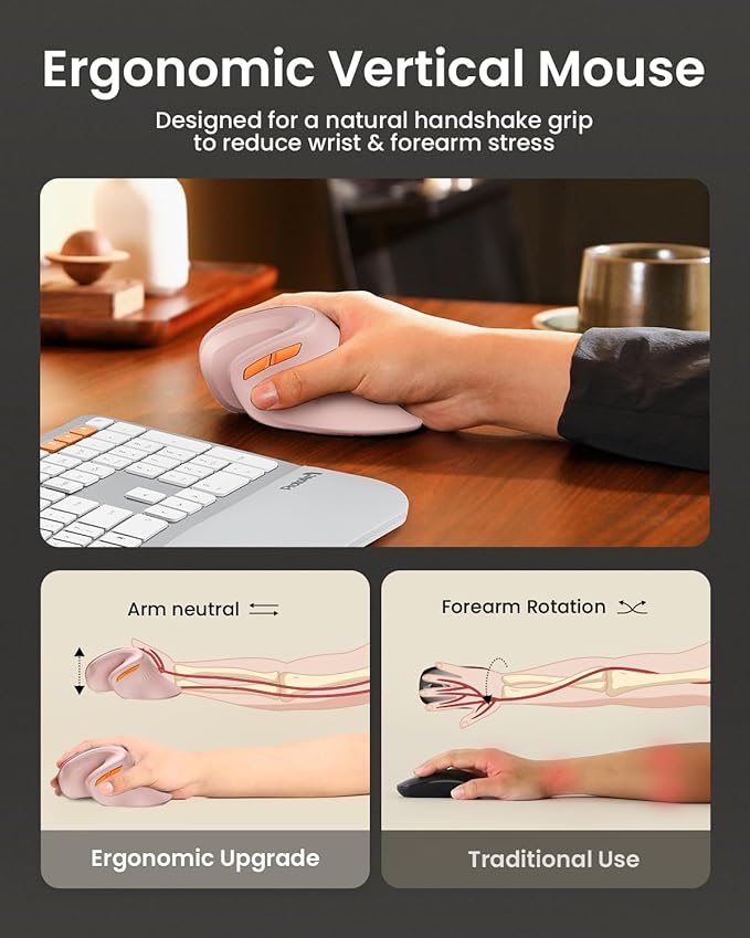 ProtoArc Ergonomic Mouse EM11 NL Bluetooth Rechargeable Wireless Vertical Mouse 3 Multi-Device Connectivity for Computer/PC/Laptop 2.4GHz USB-A Optical Mice for Windows Mac OS Pink