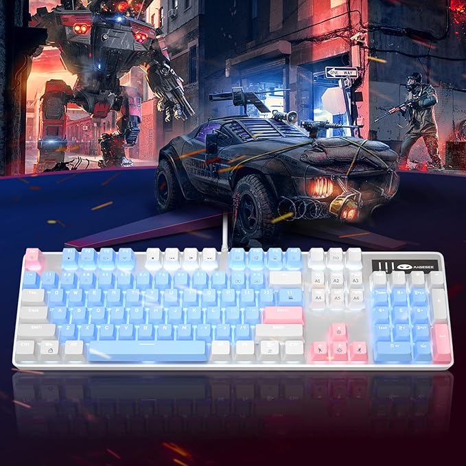 MageGee Mechanical Gaming Keyboard New Upgraded Blue Switch 104 Keys White Backlit Keyboards USB Wired Mechanical Computer Keyboard for Laptop Desktop PC Gamers(White &amp Blue)