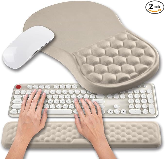 Hokafenle 2 in 1 Ergonomic Mouse Pad Wrist Support &amp Wrist Rest for Computer Keyboard Set with Relieve Carpal Tunnel Pain Massage Bulge and Full Memory Gel Design (2In1 Set - Apricot)