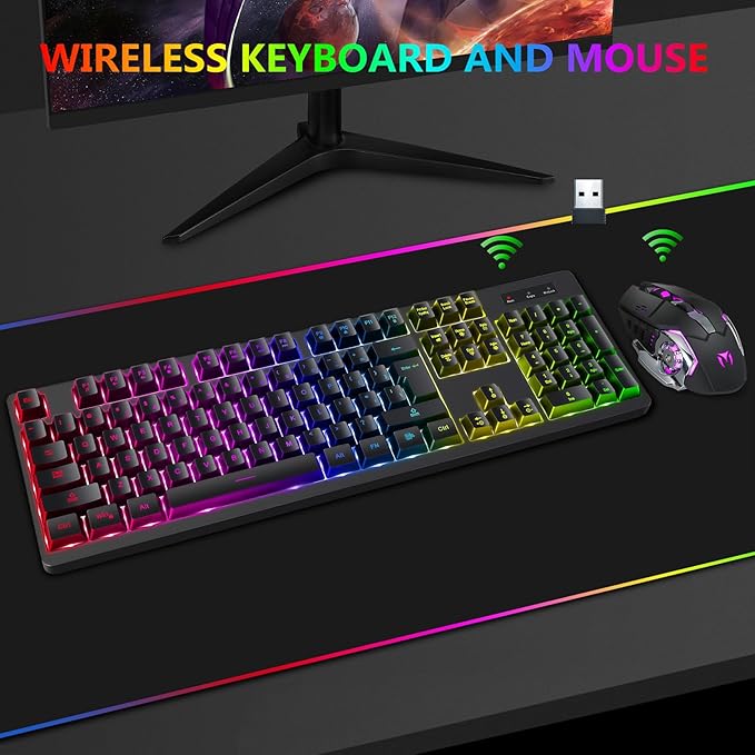 Wireless RGB Gaming Keyboard and Mouse - Rechargeable RGB BacklitLong Battery LifeMechanical Feel7 Color Gaming Mouse for PC Game and Work