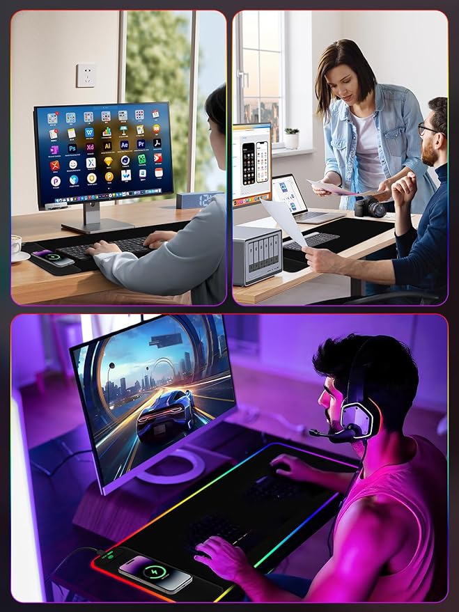 2-in-1 RGB Gaming Mouse Pad with Wireless Charging 31.5x11.8 Large 24 Light Effects Non-Slip Base Waterproof Ultra-Smooth Surface No Adapter