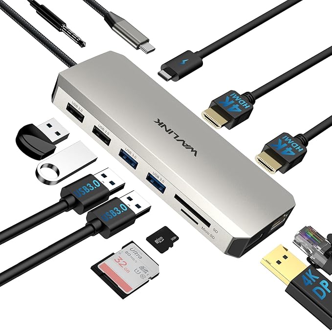 WAVLINK USB C Docking Station Dual HDMI Monitors 12 in 1 Triple Display USB C Hub Multiport Adapter with Dual 4K HDMI 4K DP 100W PD IN 5 USB Ports RJ45 SD/TF Slots Audio/Mic for Macbook/Laptop
