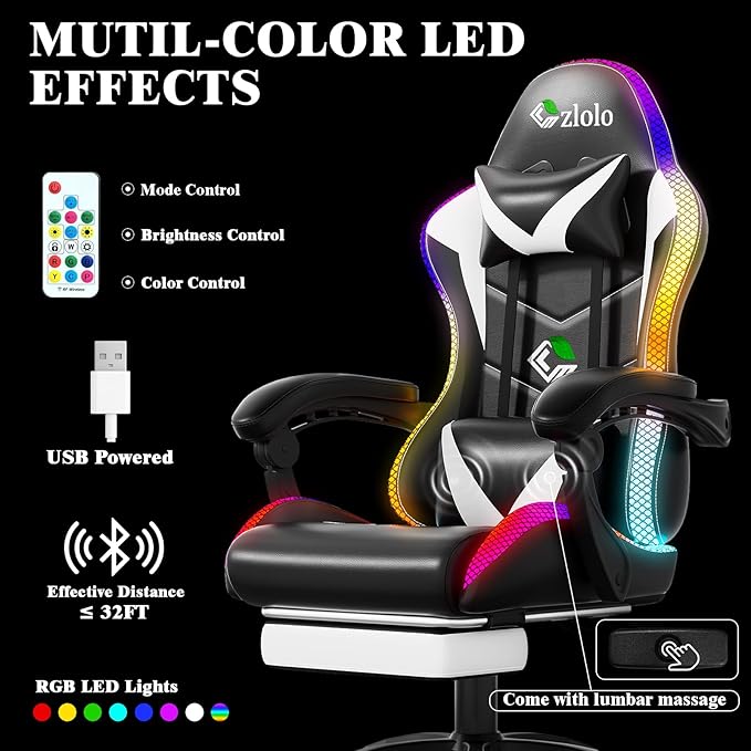 Gaming Chair Racing Style RGB LED Lights Gaming Chairs for Adults and Kids Lumbar Massager Gamer Chair High Back Reclining Computer Chair with Footrest and Headrest (Black/White)