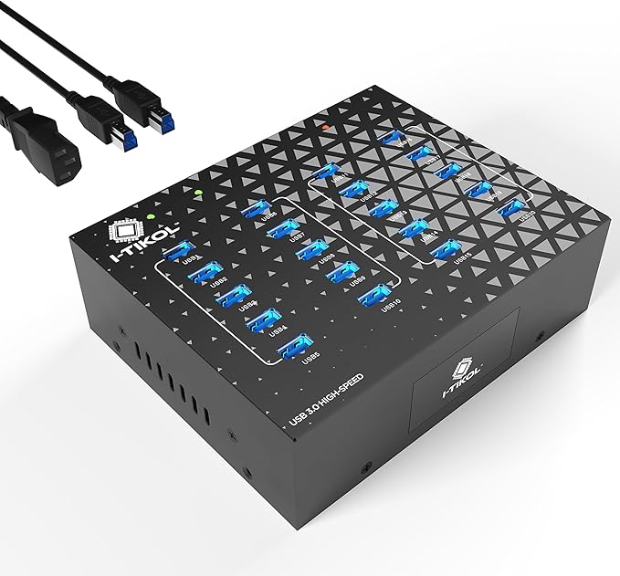 20 - Port USB 3.0 Splitter Hub with Power Supply - High Speed Data Transfer for Desktop Laptop HDD PC - Expand and Speed Up to 5 Gbps 110W - Industrial Grade Hub Compatible with External Drives