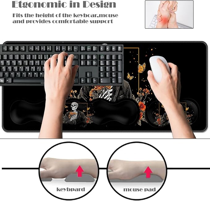 Ergonomic Keyboard Wrist Rest &amp Mouse Pad Wrist Rest SetXL Gaming Desk Mat 31.5x 11.8Non-Slip BaseMemory FoamEasy Typing Pain Relief for Office &amp HomeSkull with Orange Flowers