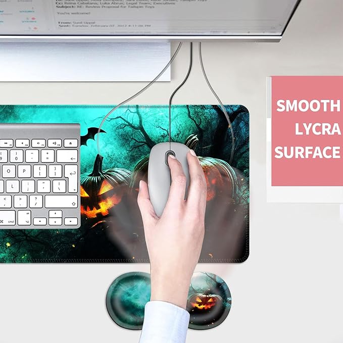 Mouse PadLarge Desk Mat Set 4in1 XL Mousepad + Keyboard Wrist Rest+Mouse Wrist Rest+Coaster with Ergonomic Desk Pad for Home Office Table Computer Cover -Halloween Pumpkins and Bat