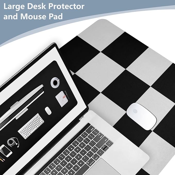 Mouse Pad Desk Mat Leather Desk Pad Large Gaming Desk Cover Protector Mat for Keyboard Computer Laptop Office Waterproof 35.4 x 16.5 Inch Checkered Black and White
