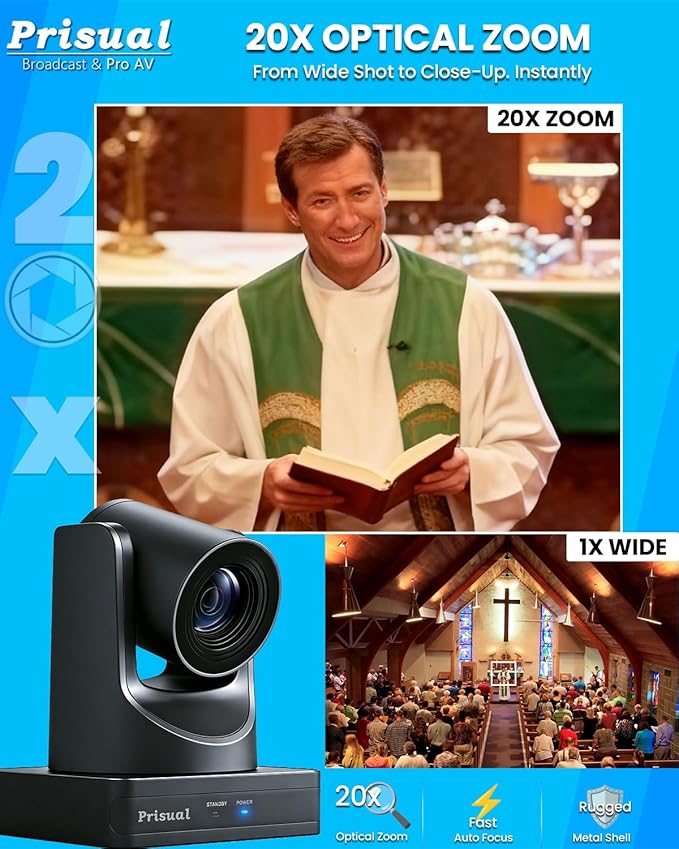 NDI 6.1.1 PTZ Camera Ai Auto-Tracking 20x Optical Zoom LAN USB3.0 PoE HDMI PTZ Camera for Church Services Worship Education Live Events(Official NDI Certified) PT20X-UL-N