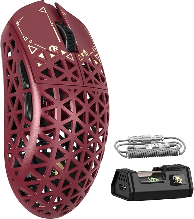 MAMBASNAKE M5 Ultra Carbon Fiber 8000Hz Wireless Gaming Mouse 39g Superlight 42000DPI PAW3950MAX Sensor Nordic 52840 Chip Bluetooth/2.4G/USB-C Wired Mice with Coiled Cable for PC/Mac (Red)