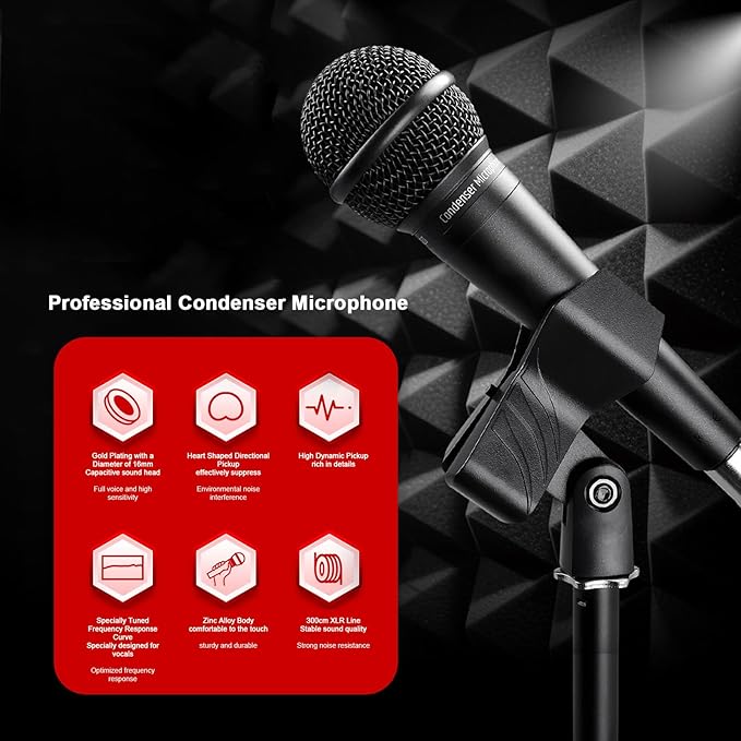 Handheld Condenser Microphone Professional Mic 48V Phantomes Power for Live Streaming Recording Performance Zinc Alloy Body with 300cm XLR Cable