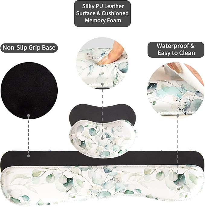 QiyI Leather Desk Mat Set 4-in-1 Large Mouse Pad with Wrist Rest Non-Slip Desk Pad + Keyboard Wrist Rest + Mouse Wrist Support + Coaster Office Desk Accessories Home Decor Supplies Eucalyptus