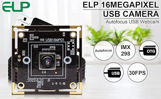 ELP 16MP Autofocus USB Camera Module - 4K UVC USB2.0 With 68-Degree Mini Size Lens IMX298 for Computer Laptop PC - Video Lightburn Industrial Embedded Webcam Board
