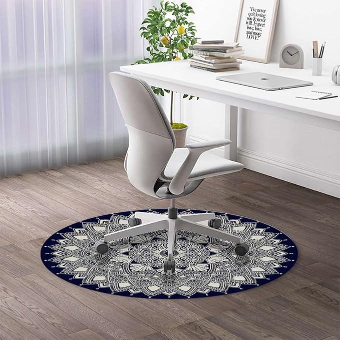 Blue Indigo PU Leather Office Chair Mat for Hardwood Floor Mandala Exotic Floral Ornament Round Round Floor Mats for Office Chair Desk Chair Anti Slip Floor Protector for Rolling Chair Diameter 59 in