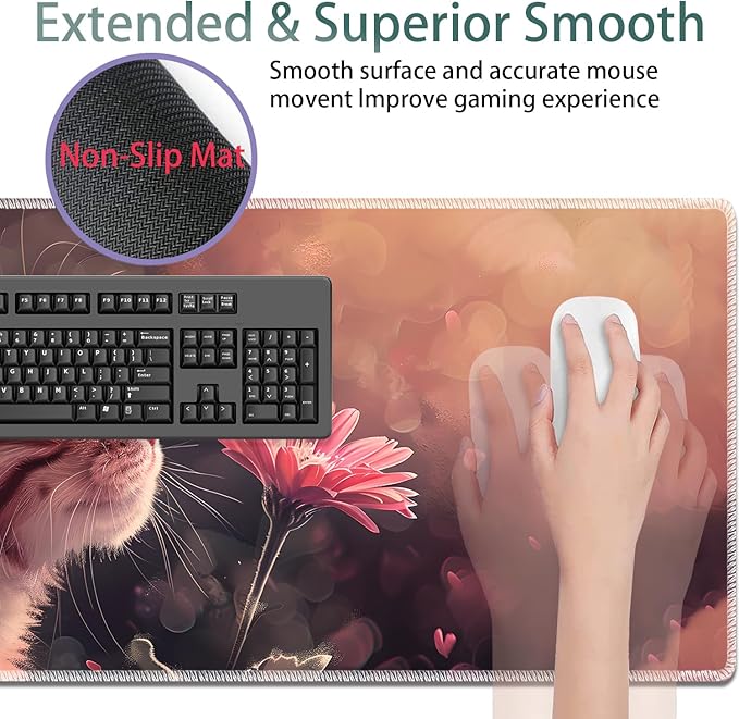 Large Gaming Mouse Pad + Keyboard Wrist Rest + Wrist Support + Coaster Set Memory Foam Ergonomic for Easy Typing XXL Extended Gaming Mouse Pad Table Pad - Kitten Daisy