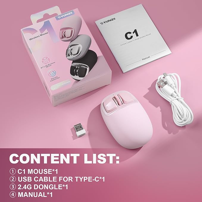 YUNZll C1 Silicone Wireless Mouse Tri-Mode 2.4G/USB-C/Bluetooth Mouse 4800 DPl Optical Tracking 6 Adjustment LevelsCustomize Mice for Laptop Computer iPad MacBook (Pink)