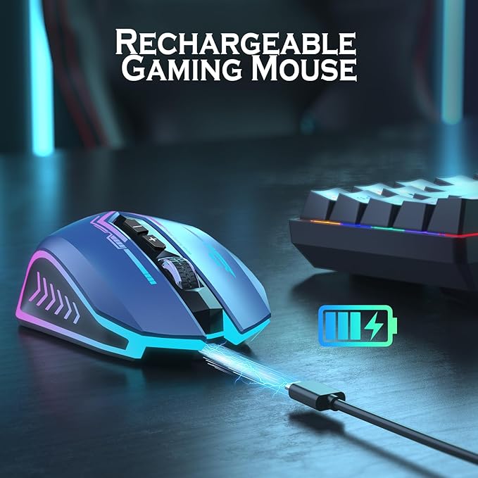 UHURU Gaming Mouse Wireless Gaming Mouse with 7 Buttons 7 Changeable LED Color up to 12000 DPI Rechargeable USB Gamer Mouse for PC Laptop (Blue)