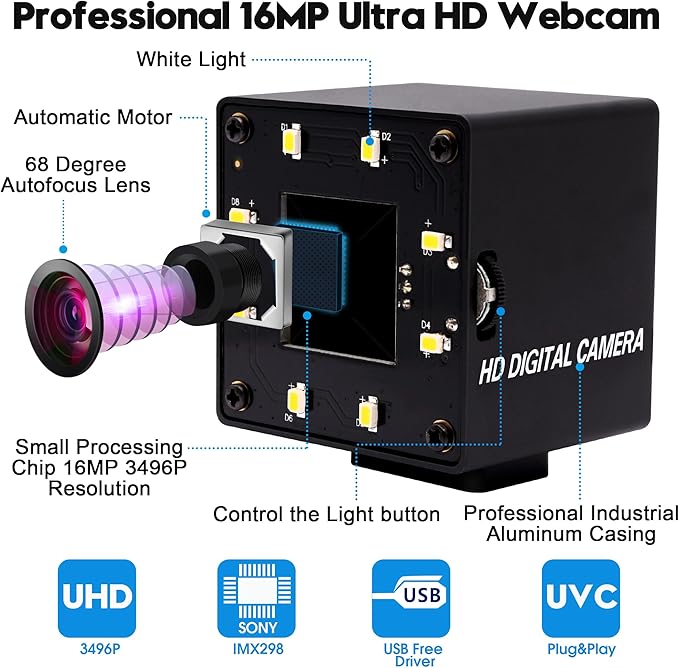 USB Camera 16MP Webcam Autofocus 68Degree Lens with Day and Night Vision Metal Case4K PC Camera UVC Plug and Play for Industrial Machine Video Webcam on ComputersJetson NanoRaspberry Pi