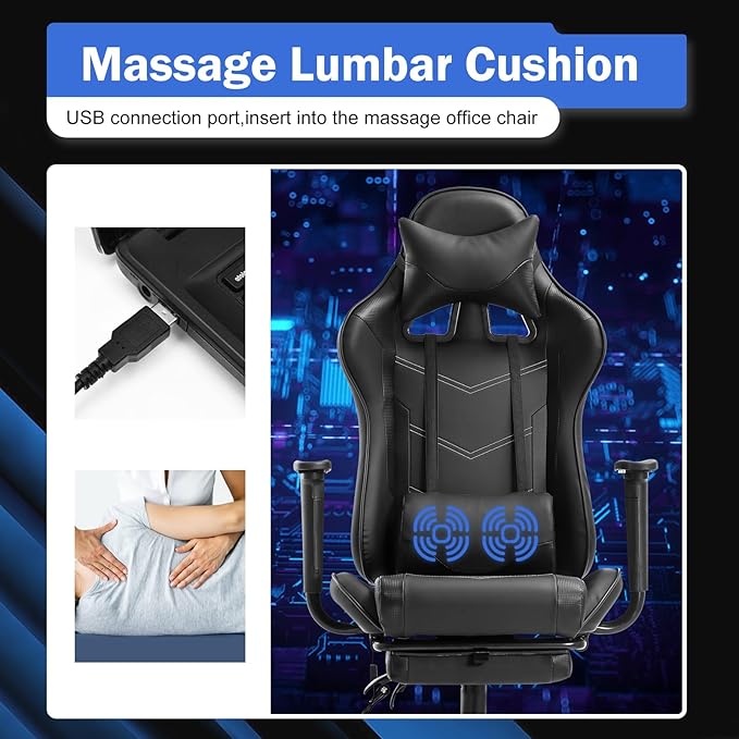 Massage Gaming Chair Gaming Chairs with Footrest Ergonomic PC Racing Office Chair with Lumbar Support Headrest Armrest Game Chair- Black Heavy Duty PU Leather Recliner for Adults Gamer (Black)