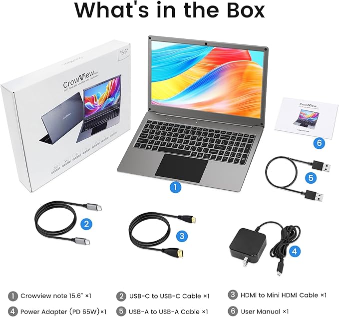 Portable Monitor with Keyboard 15.6 Inch Lapdock Display with 6000mah Built-in BatteryCrowView Note 1080P FHD USB C Monitors Compatible with RPi5 PC Phone Mac Game Console
