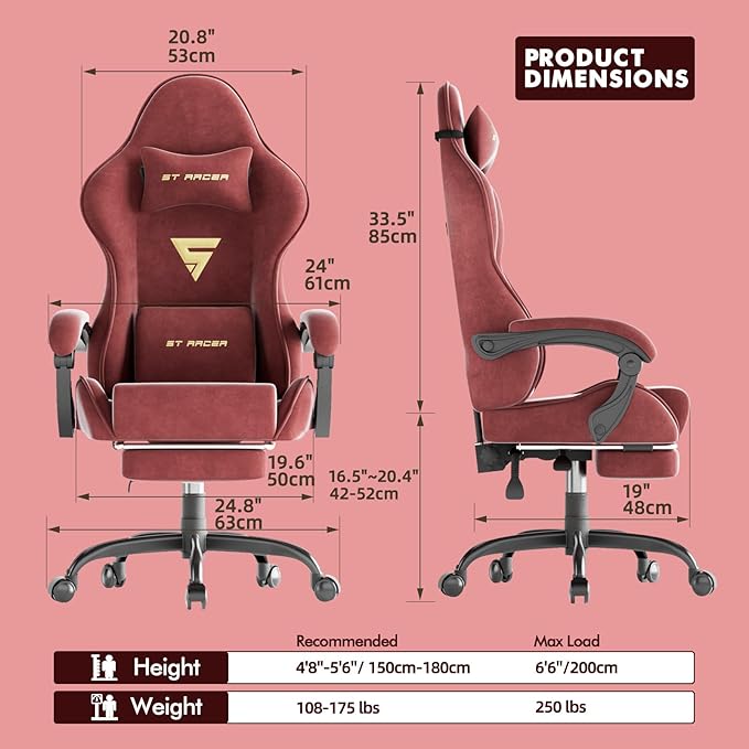 Ferghana Velvet Fabric Ergonomic Gaming Chair with Footrest and Massage High Back Reclining Computer Gamer Chair for Adult Racing Style PC Video Game Chair Suitable for Home Office (Red)