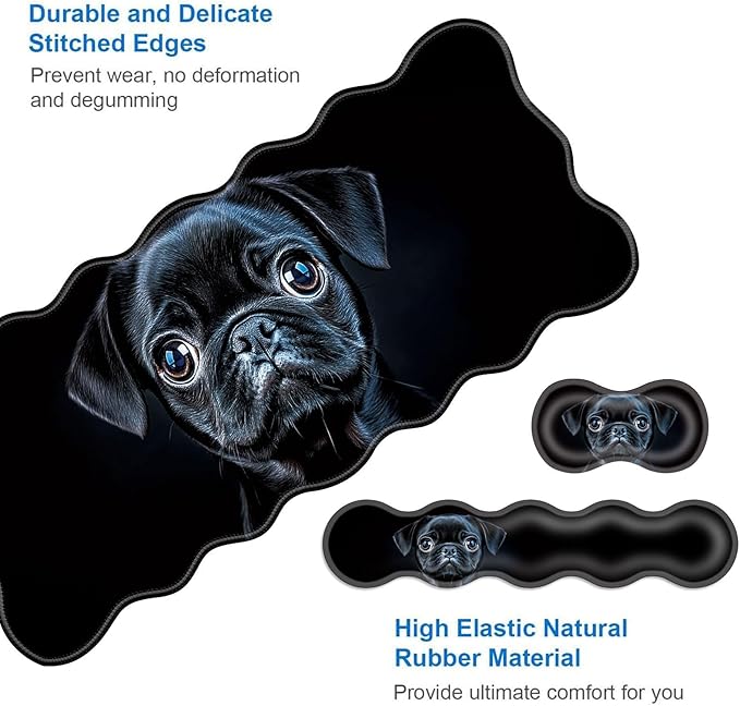 Large Gaming Mouse Pad Keyboard Wrist Rest Pad &amp Wrist Support Mousepad Set Stitched Edge Extended Non-Slip Base Memory Foam Desk Mat for Office HomeCute Pug Dog