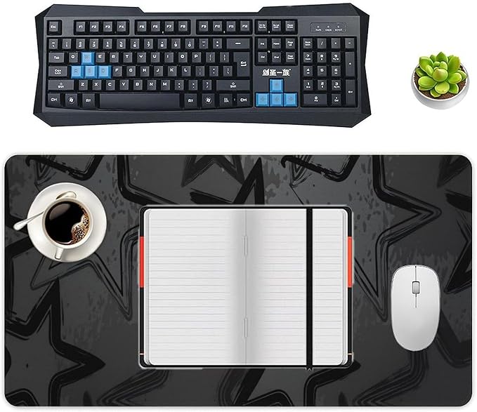 Black Gray Star Mouse Pad Large Desk Mat Extended Keyboard Mouse Pad with Non-Slip Base and Stitched Edge Mouse Mat Desk Pad 30x16 Mouse Pads for Desk Home Office Gaming