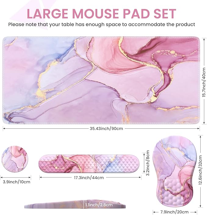 Pink Desk Mat Large Mouse Pad with Wrist Rest Ergonomic Keyboard Wrist Support Carpal Tunnel Mousepad XXL Cushion with Coaster Set Computer Keyboard Mat Pink Marble