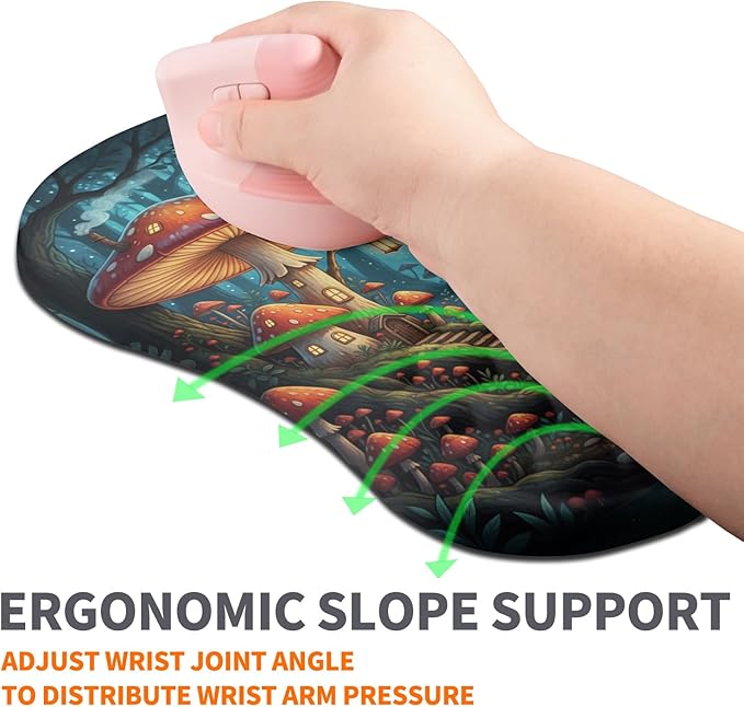 Ergonomic Joint Wrist Support Mouse Pad with Memory Foam Cushion Massage Bump Carpal Tunnel Pain Relief Mousepad Slope Design for Wrist Rest 11.8x7.9 in Mushroom