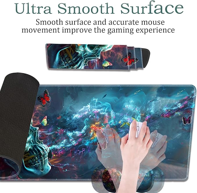 Large Gaming Mouse Pad + Wrist Rest + Lace Coaster Non-Slip Set with Sewn Edges and Waterproof Expandable Desktop Pad Suitable for Office/Home Butterfly and Skull Flowers