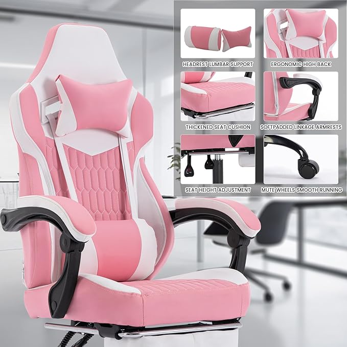 Ergonomic Gaming Chair with Footrest Pink Gaming Chair for Adults Girls Women Video Game Chairs with Wheels &amp Lumbar Support 300 LBS Capacity (Pink)
