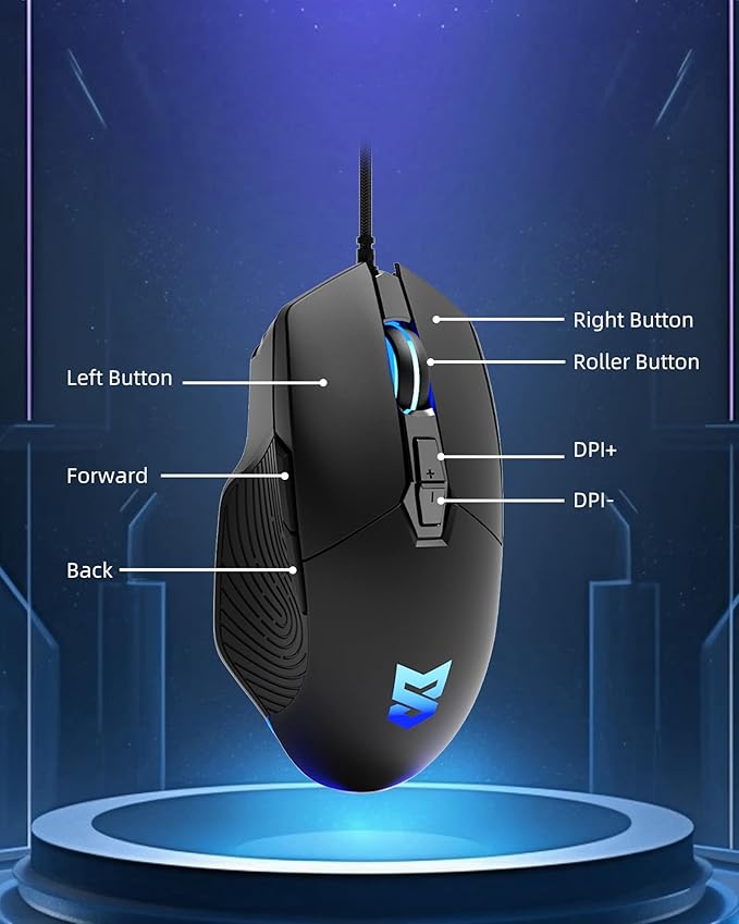 Wired Gaming Mouse Ergonomic Wired Mouse for Laptop RGB Mouse 7200 DPI Optical Sensor Adjustable USB C RGB LED Backlit Gaming Mice with 7 Programmable Buttons Black
