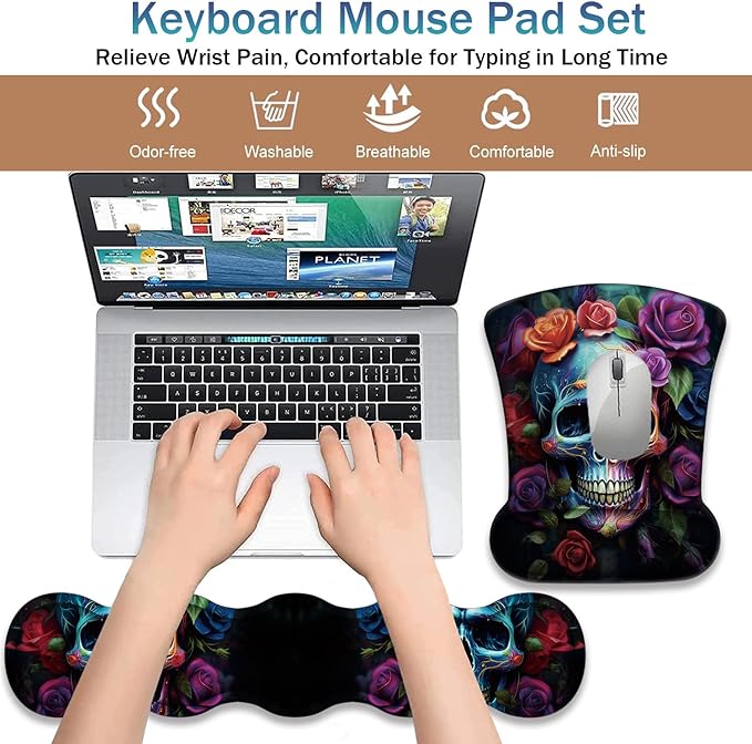 Ergonomic Keyboard Wrist Support Pad and Wrist Support Mouse Pad Anti-Slip with Gel Memory Mouse Pad Set Suitable for Office Use/Home Use - Colorful Rose Flower Skull