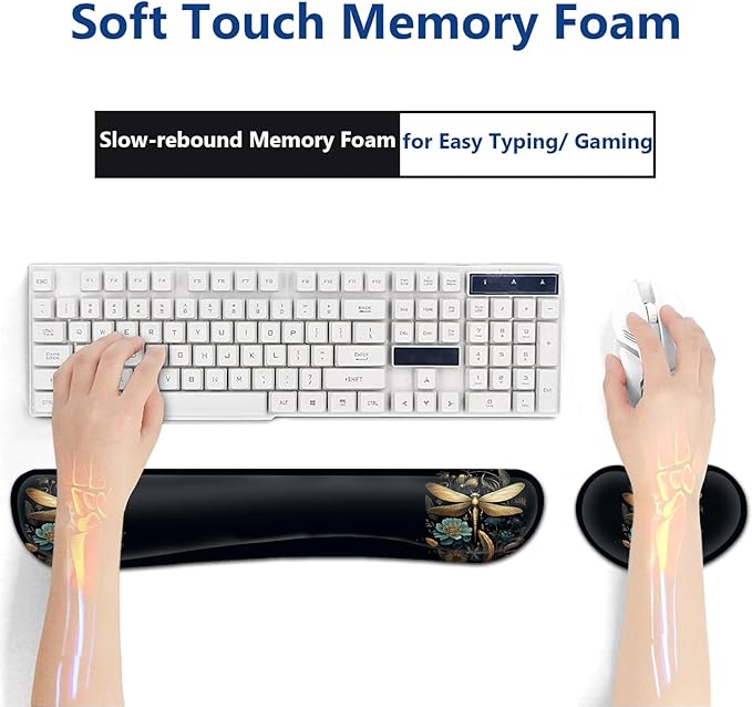 Large Mouse Pad + Keyboard Wrist Rest Set Extended Gaming Mousepad (31.5X11.8 inch) with Non-Slip Rubber Ergonomics Memory Foam Mouse Wrist Rest Support Golden Dragonfly and Flowers XXL Desk Pad