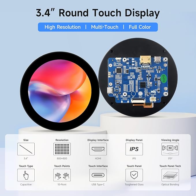 waveshare 3.4inch HDMI Round Touch Display 800×800 Resolution IPS 10-Point Touch Compatible with Raspberry Pi 5/4B/3B/Zero/Zero W/Zero 2W/Pico/Pico W/Pico WH Support Jetson Nano and Mini PC