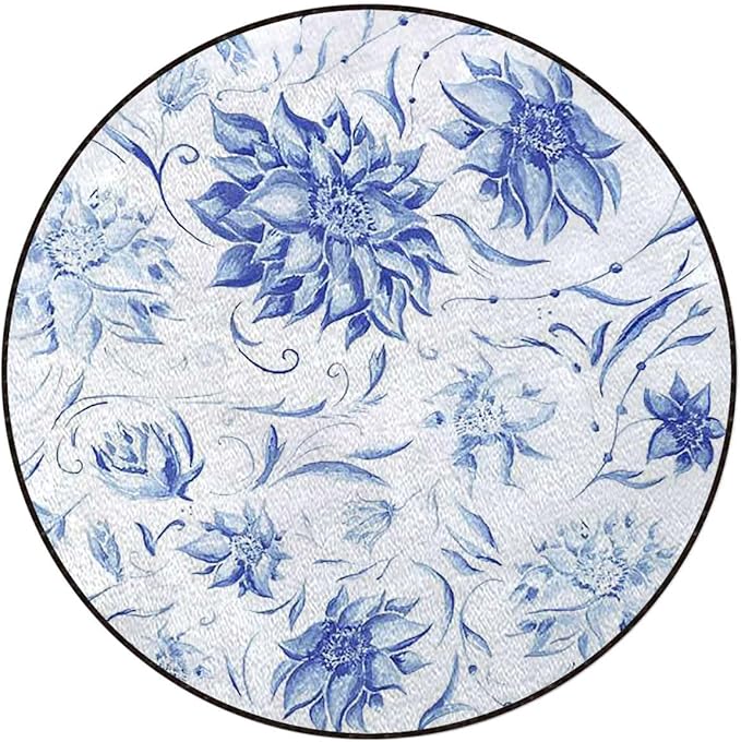 Blue and White Marble Round Area Rug Throw Rugs Soft Washable Small Round Floor Mats for Bedroom Living Room Buds with Leaves Flowers Diameter 59 in