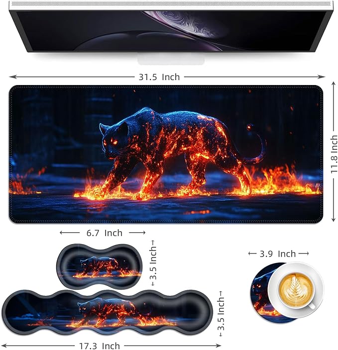 Keyboard Mouse Pad Set Extended Gaming Mouse Pad+Ergonomics Keyboard Wrist Rest Support Memory Foam Easy Typing Pain Relief 4Pcs XL Ultra Thick Desk MatGlowing Fire Leopard