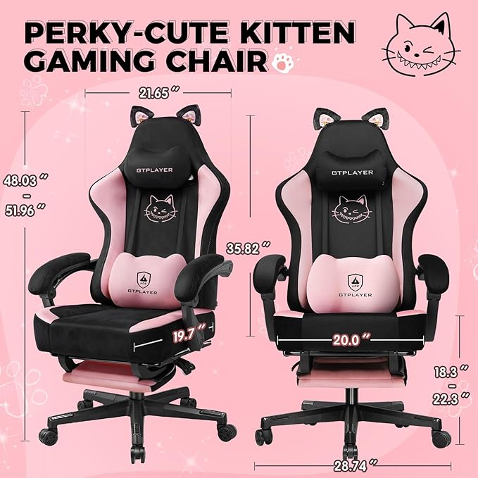 Pink Gaming Chair Cute with Cat Ears Ergonomic Computer Chair with Cat Embroidery Adjustable Memory Foam Lumbar Support and Headrest Comfortable Reclining Office Chair for Girls Teens Women