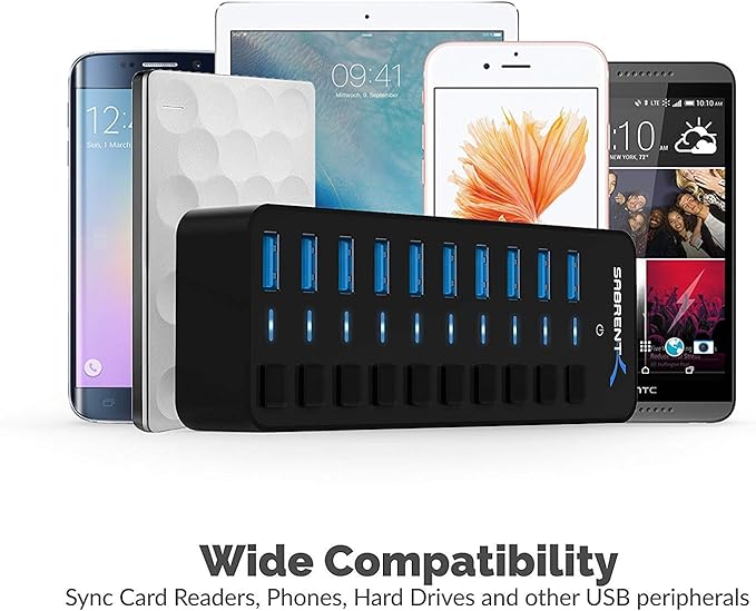 SABRENT 10-Port 60W USB 3.0 Hub with Individual Power Switches and LEDs Includes 60W 12V/5A Power Adapter (HB-BU10)