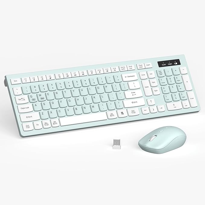 Wireless Keyboard and Mouse Combo Full-Sized Wireless Keyboard and Adjustable DPI Mouse 2.4GHz USB Receiver Keyboard and Mouse for PC Windows Desktop Laptop (Mint Green and White)