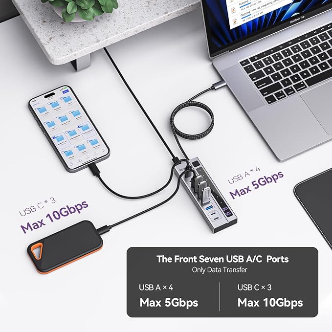 Minisopuru Powered USB C Hub – Support Max 45W Charging with 65W USB-C Power Adapter 10Gbps USBC Hub Charging for Meta Quest Pro Steam iPad Pro iPhone Watch (Not for Monitor)