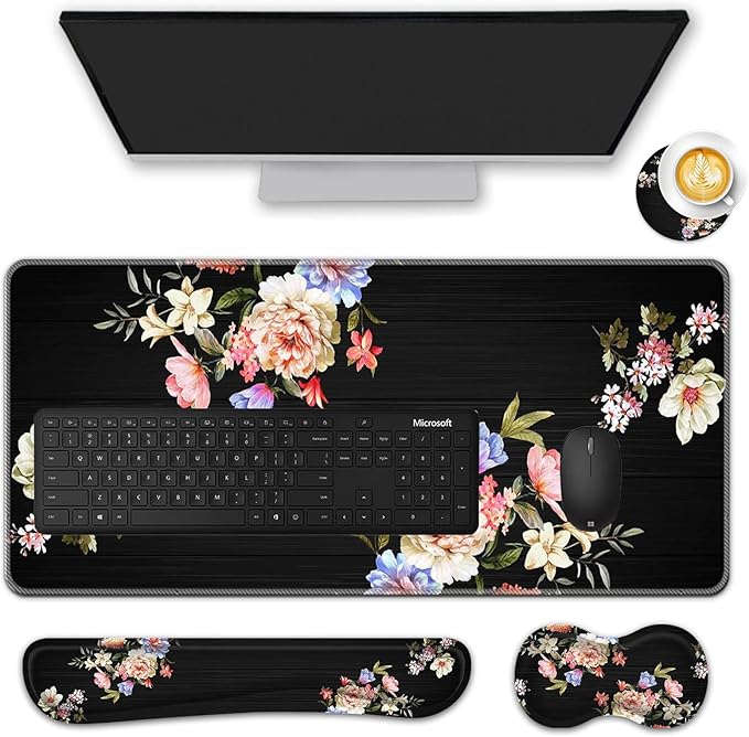 Mouse Pad Set(31.5×11.8 in) Desk Pad + Keyboard Wrist Rest Support + Mouse Wrist Rest + Coaster for OfficeHomeComputerLaptop - 4 Peony Flower
