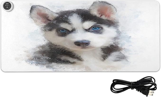 Husky Puppy White Black Print Heated Mouse Pad Large Non-Slip PU Leather Desk Mat with 3 Heating Levels &amp 3 Hours Auto Shut-Off for Home Winter Office