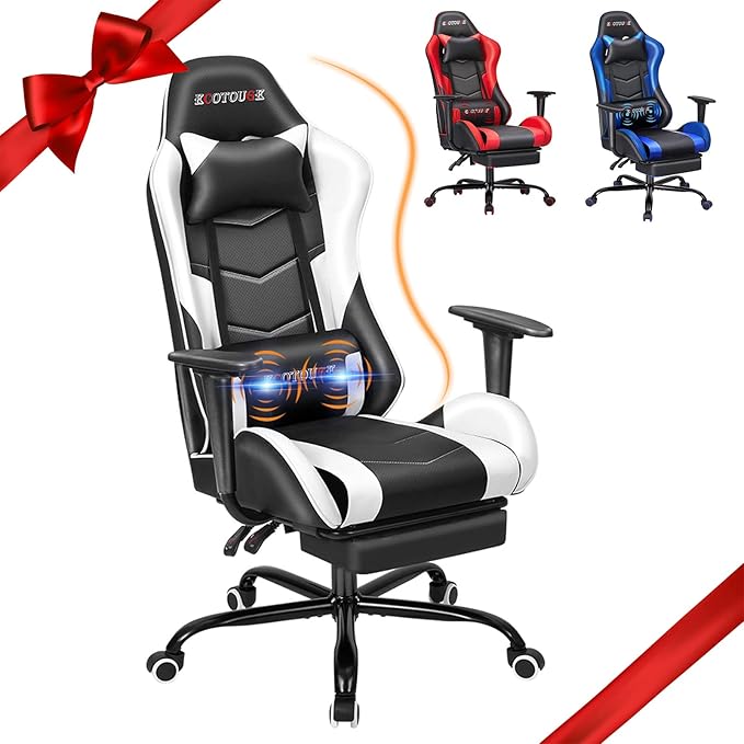 ECOTOUGE PC Massage Gaming Chair with Footrest Ergonomic Office Desk Chair Racing PU Leather Recliner Swivel Rocker with Headrest and Lumbar PillowWhite