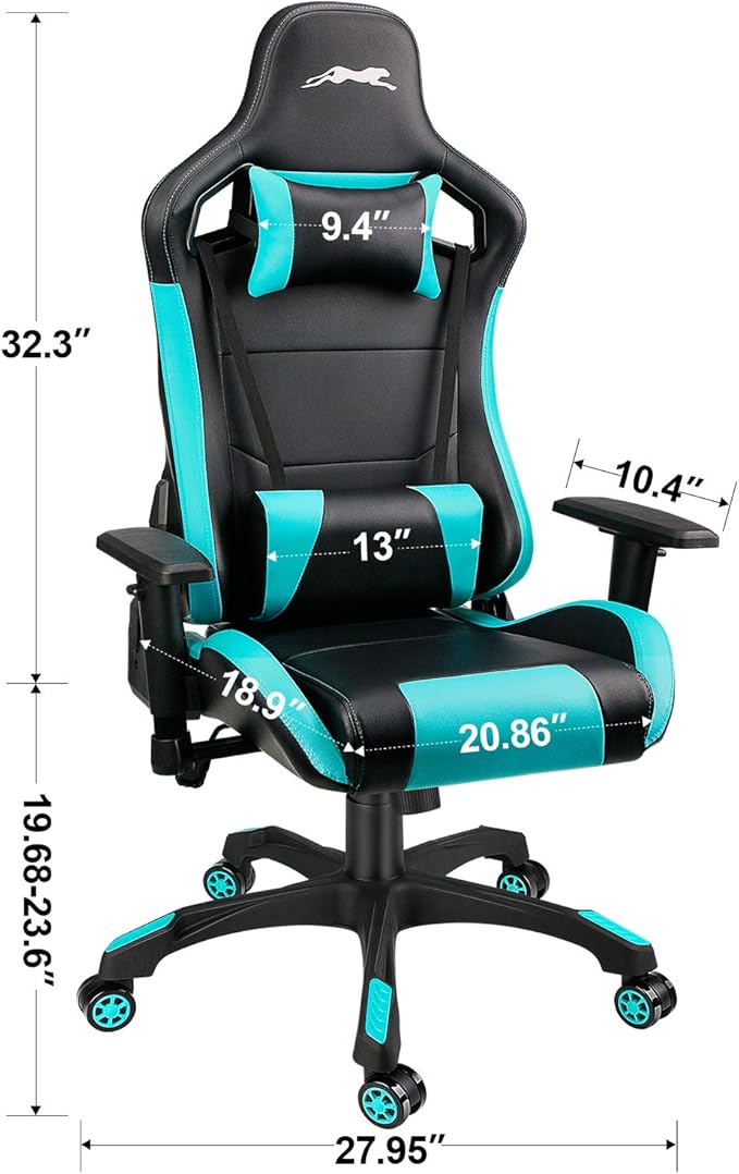 Leopard Gaming Chair High Back PU Leather Office Chair Adjustable Video Gaming Chairs Swivel Racing Chair with Adjustable Armrest (Black/Light Blue)