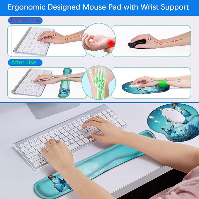 Mouse Pad Wrist Support and Keyboard Wrist Rest with CoasterNon-Slip Rubber Base Ergonomic Gaming Mousepad for Home Office Working Studying Easy Typing &amp Pain ReliefBlue Magic Butterfly Over Wat